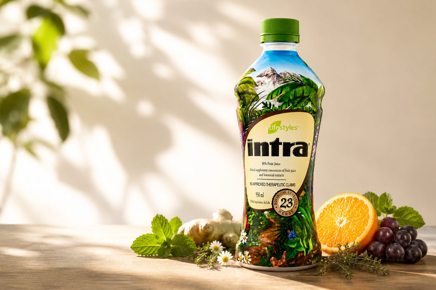 Lifestyles Intra 950ml herbal juice bottle surrounded by fresh mint, ginger, orange, and grapes, showing its 23 botanical extracts and 36% fruit juice label